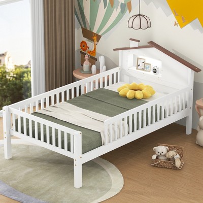 Whisen Wood Platform Bed with House-shaped Headboard, LED and Built-in Storage