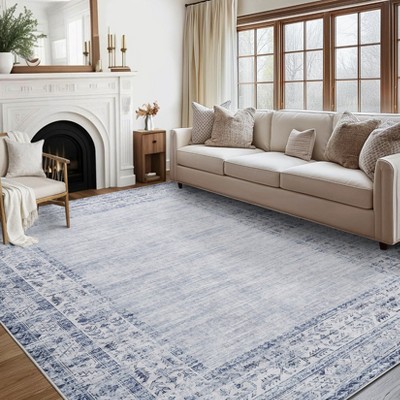Washable Vintage Rug Non Slip Low Pile Rug Soft Throw Floor Cover Traditional Foldable Indoor Carpet for Living Room Bedroom Playroom Nursery