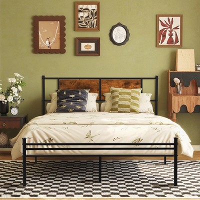 Full Size Metal Bed Frame with Wood Panel Headboard