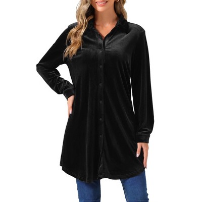 Allegra K Women's Velvet Button Down Swing Mini Long Sleeve Lapel Tunic Top