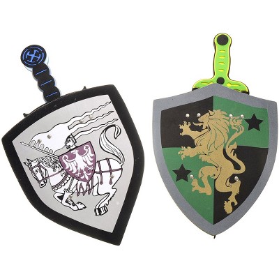 JuzToys 2-Pack Foam Swords and Shields Toy Weapons – Pretend Play Fake Swords Toy, Role Play Knight Costume Accessories for Kids – Blue/Green