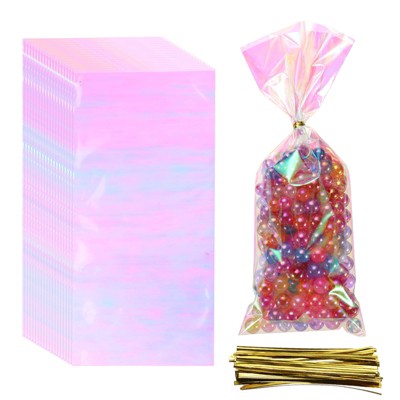 Unique Bargains PET CPP Surface Rectangle Treat Bags with Twist Tie Popcorn Rainbow Tone 100 Pcs