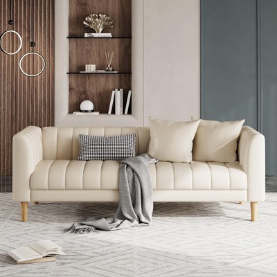 Faux Leather Sofa Couch, Modern 78" W Sofa with Deep Seats, 3 Seater Sofa Couch with 2 Throw Pillows and Wood Legs, Easy Assembly