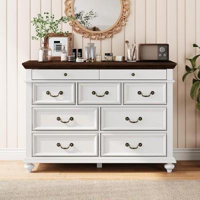 Garvee 47 Inch Farmhouse Dresser for Bedroom with 9 Drawers Rustic Wood Chest Polished Engineered Wood Vintage Metal Handles