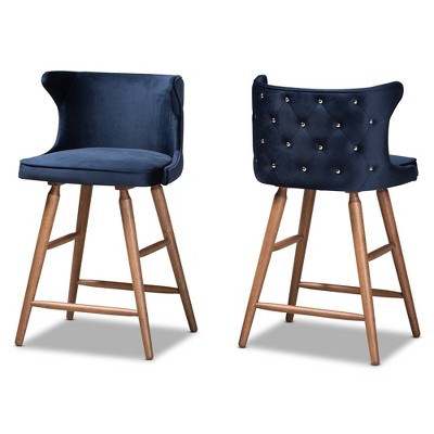 2pc Sagira Velvet Fabric Upholstered and Wood Counter Height Barstool Set - Baxton Studio