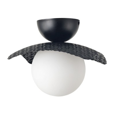 Modern Semi Flush Mount Ceiling Light, Matte Black Honeycomb Metal Shade, Frosted Glass Globe for Entryway Bedroom