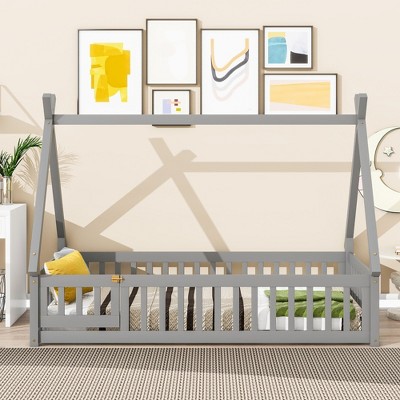 NicBex Twin Size Wooden Floor Bed, Tent-Shaped Platform Bed Frame with Fence for Boy and Girl, Easy Assembly