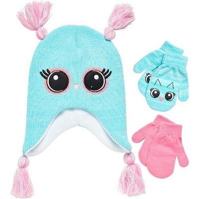 Girls Critter Owl Winter Hat and 2 Pair Gloves or Mittens (Toddler/Little Girls)