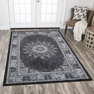 Acekool 5x7 Washable Area Rug, Vintage Distressed Non-Slip Low Pile Carpet, Foldable, Stain Resistant for Living Room, Bedroom, Black