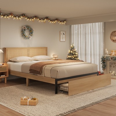 Full/Queen/King Size Bed Frame, Wooden Boho Platform Bed Frame with Natural Rattan Headboard, Cane Bed Frame with 2 Storage Drawers