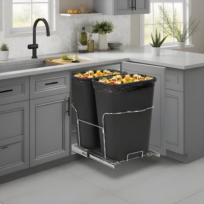 Double Bin Pullout Trash Can with Damping, Capacity, Under Cabinet Door-Equipped Model, Durable Steel Frame, Full-Extension Slides, Space-Saving