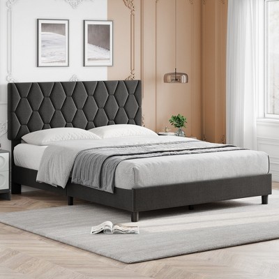 Upholstered Bed Frame, with Height Adjustable Diamond Pattern Headboard, Strong Wood Slat Support, Noise Free, Easy Assembly