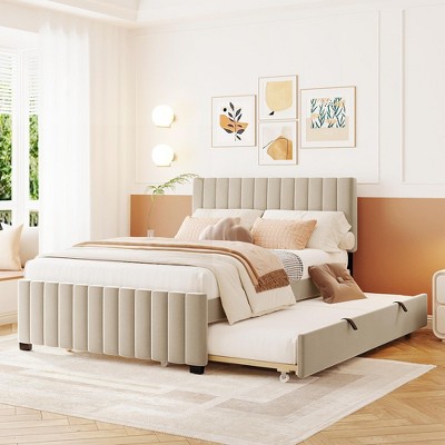 Full/Twin Size Velvet Upholstered Platform Bed with Twin Size Trundle Bed-ModernLuxe