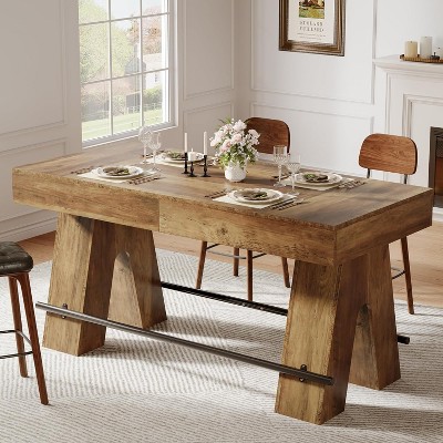 Tribesigns 63" Dining Table for 4-6, Counter Height Table with Metal Footrest, High Bar Counter Table with Sturdy Base for Dining Room, Rustic Brown