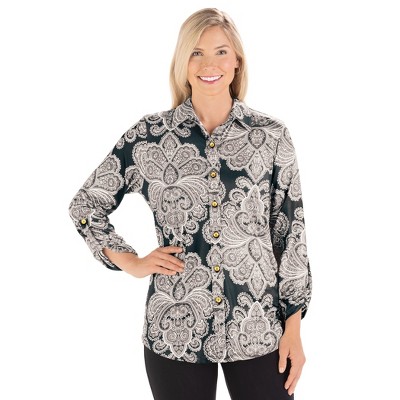 Collections Etc Paisley Print Knit Gold-Toned Button-Front Shirt