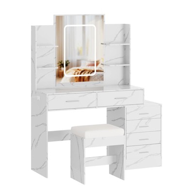 Makeup Vanity Desk, Small Make Up Vanity Table with Mirror, Padded Stool, Modern White Dressing Table for Bedrooms, Apartments, Easy to Assemble
