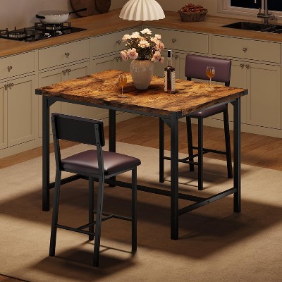 Acekool Dining Table Set for 2 with Footrest & Backrest, Counter Height Table, 2 Upholstered Bar Chairs, Corner Guards, Small Space, Retro color