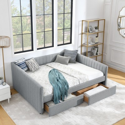 TiramisuBest Queen Size Daybed w/ 2 Drawers Trundle, Grey Linen, 86.5"x65"x30"
