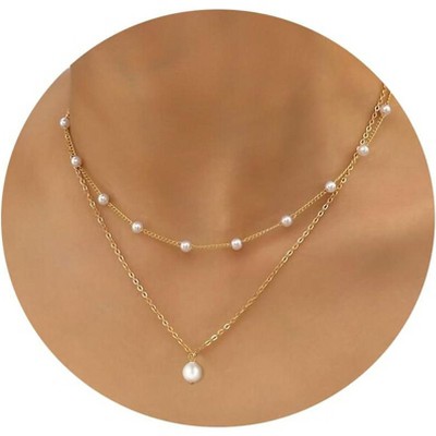 Summit Adventure 14K Gold Plated Pearl Necklace – Layered Herringbone Chain for Women, Trendy Jewelry Gift