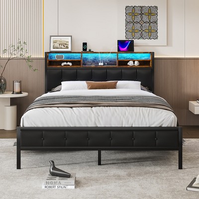 VECELO Twin/Full/Queen Size Metal Platform Bed, Bed Frame with Headboard & Footboard, LED Lights and USB Charging Station, Brown