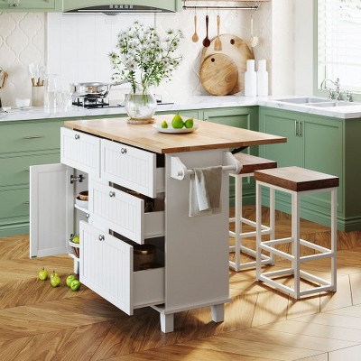 Ridstar 50.3 in. W Kitchen Island Set with Drop Leaf and 2 Seatings For Kitchen & Dining Room-White
