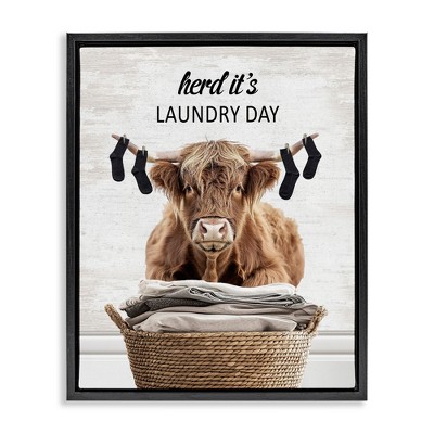 Stupell Industries Laundry Cattle with Hanging Socks Black Framed Floater Canvas Wall Art