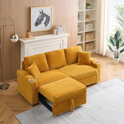 PAGED Foldable Sofa with Storage Footstool, Modern Corduroy Pull-Out Sofa Couch with Cup Holder for Living Room, Home Office