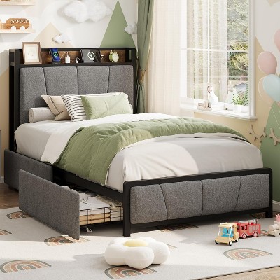 Bed Frame with 2 Storage Drawers & Charging Station, Linen Upholstered Platform with Storage Headboard,No Box Spring Needed,Noise Free