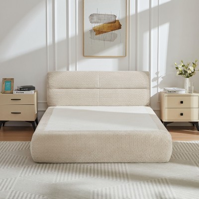 PAGED Queen Size Bed Compressible Chenille Bed with Sponge and Pocket Spring Structure Support, No Assembly Required, Noise Free