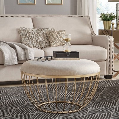 Gillian Coffee Ottoman Gold/Beige - Inspire Q: Linen Upholstery, Foam-Filled, Metal Base