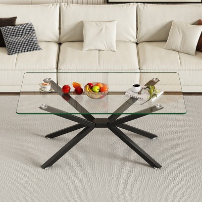 39"W Coffee Table Cocktail Table Center Table with Tempered Glass Tabletop, Metal Legs and Adjustable Feet-ModernLuxe
