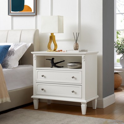 Open Space and 2 Drawers Dresser Nightstand with Charging Station, Farmhouse End Table with USB Ports and Outlets, Fluted Pilasters Design Side Table