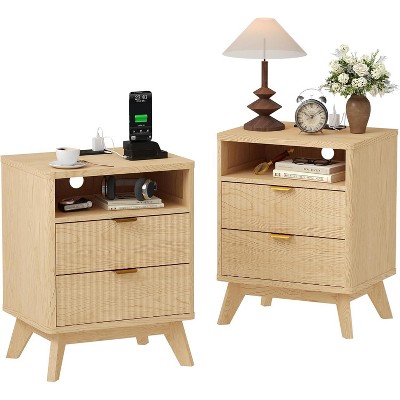 Fluted Wood Nightstand with 2 Drawers & Open Shelf, Solid Wood Feet Bedside Table, Oak Finish for Living Room, Bedroom, Office