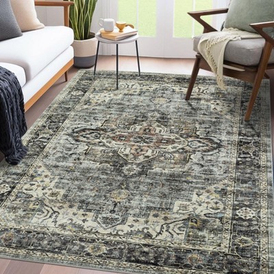 Vintage Area Rug, Large Washable Living Room Bedroom Rug Distressed Non-Slip Non-Shedding Low Pile Area Rug Floor Carpet for Dining Room Home