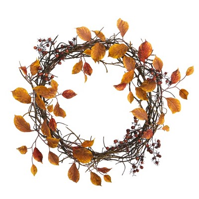 Nearly Natural 19-in Harvest Leaf, Berries and Twig Artificial Wreath