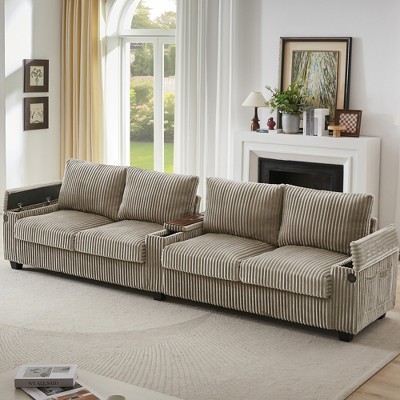 133" Corduroy Modern Sofa with USB Ports, Hidden Storage Arms & Cup Holders, 4-Seater Sofa Couch for Living Room - ModernLuxe