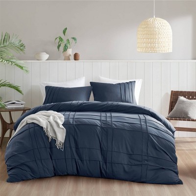510 Design California King Porter Soft Washed Pleated Duvet Cover Set Navy Blue
