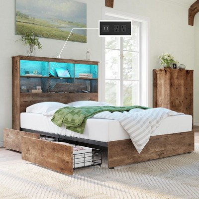 AMERLIFE Bed Frame with LED Bookcase Headboard, 4 Storage Drawers & Charging Station