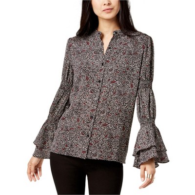 Michael Kors Womens Boho Ruffle Sleeve Button Up Shirt