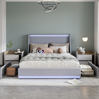 VECELO Upholstered Full/Queen Size Bed Frame with LED Lights and Charging Station, Heavy-Duty Platform Bed with Drawers, No Box Spring Needed, Gray