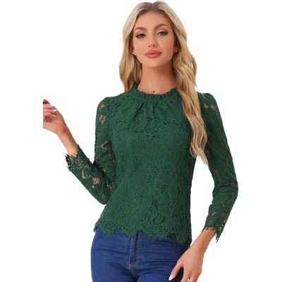 Allegra K Women's Lace Long Sleeve Keyhole Back Ruffle Neck Floral Blouse