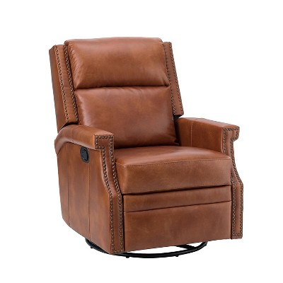 Favonius Wooden Upholstery Genuine Leather Swivel Rocker Recliner with Nailhead Trim for Bedroom and Living Room| ART OF LIVING DESIGNS