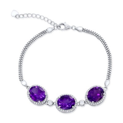 Simona Sterling Silver, White Topaz Border, Oval Gemstone Bracelet - Amethyst (10.31cttw) - Purple - 7+1 Inch