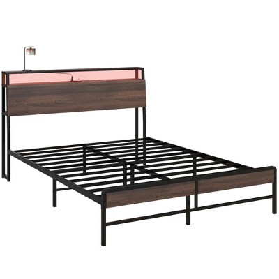 Queen Size Platform Bed with 3-Tier Storage Shelf and LED Lights