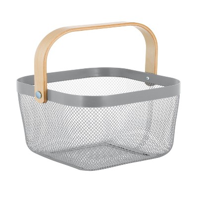 Simplify Mesh Tote with Bamboo Handle Gray: Metal Decorative Storage Bin, No Assembly, 9.45" H x 9.84" D x 6.9" W