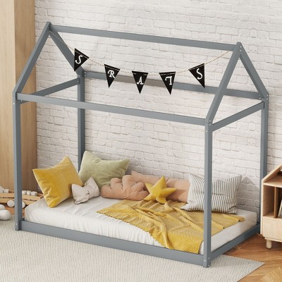 Kumasinova Twin Size House Bed,Modern Wood Low Bed Frame for Kids,Montessori Floor Bed for Bedroom,Playroom,No Box Spring Needed