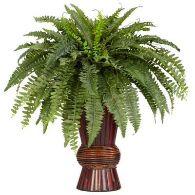Nearly Natural Boston Fern with Bamboo Vase Artificial Plant