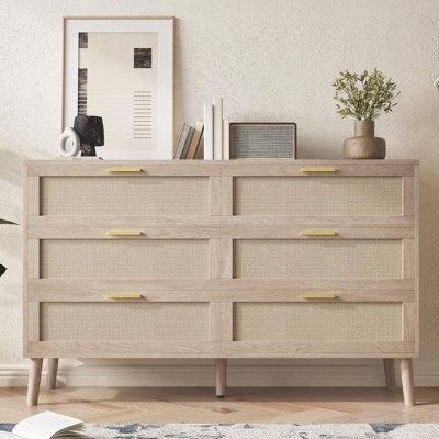 6 Drawer Rattan Dresser, 47.2" x 15.7" x 29.5" Rattan Chest of Dressers, Mid Century Modern Dresser for Closet with Handles, Large Table Top