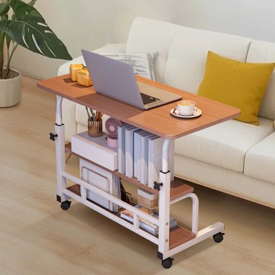 Portable Rolling Desk w/Wheels, Mobile Computer Desk for Small Space, Small Standing Desk with Shelves for Home Office Study, Sofa Side Table