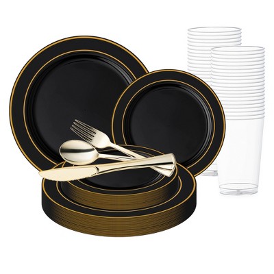 Smarty Had A Party Black w/ Gold Edge Rim Plastic Wedding Set - 60 Sets